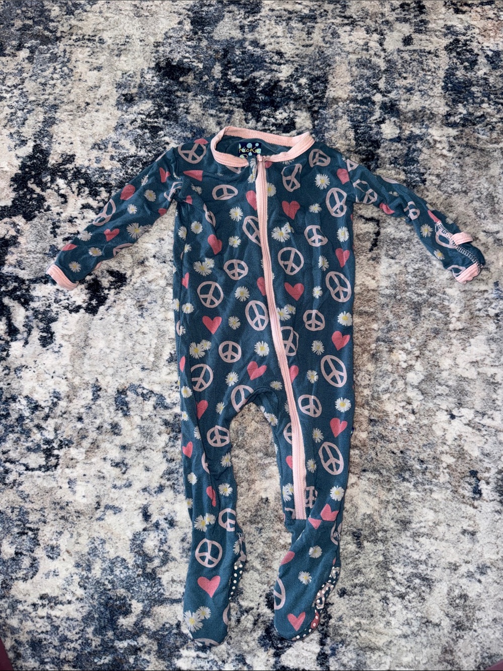 Kickee Pants Navy Peace Hearts & Daisies Footed One-Piece - Pink Trim